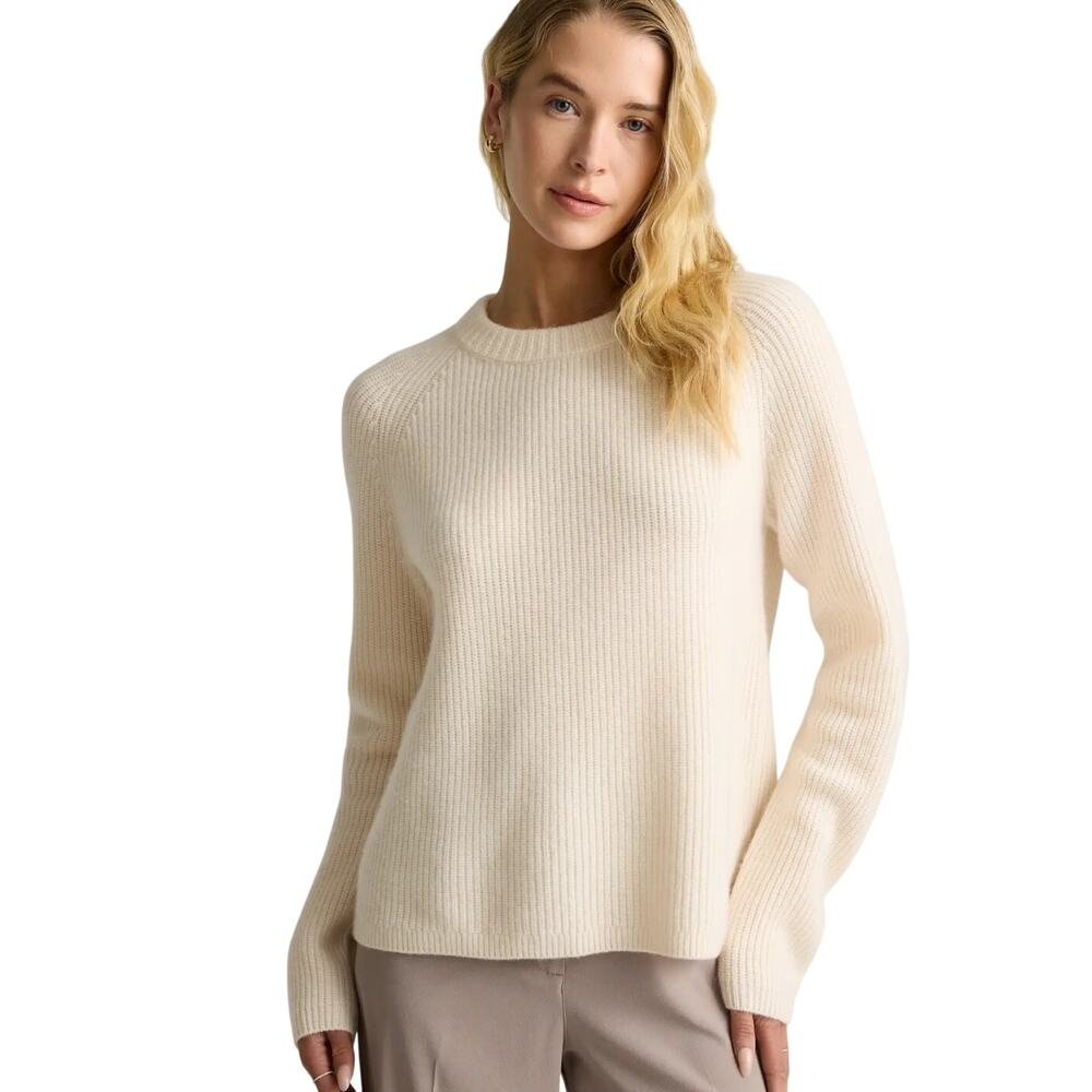 Quince Women's L Mongolian Cashmere Fisherman Crewneck Sweater Ivory Cream Luxe